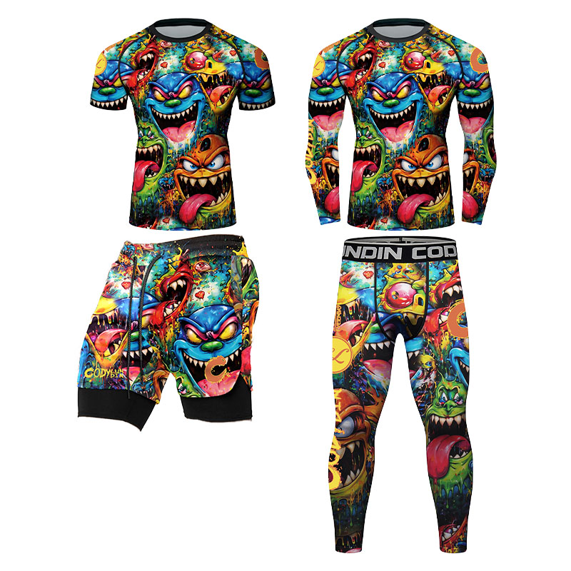 Rash Guard Long Sleeve - 3D Colorful Monster Graffiti Mens Compression